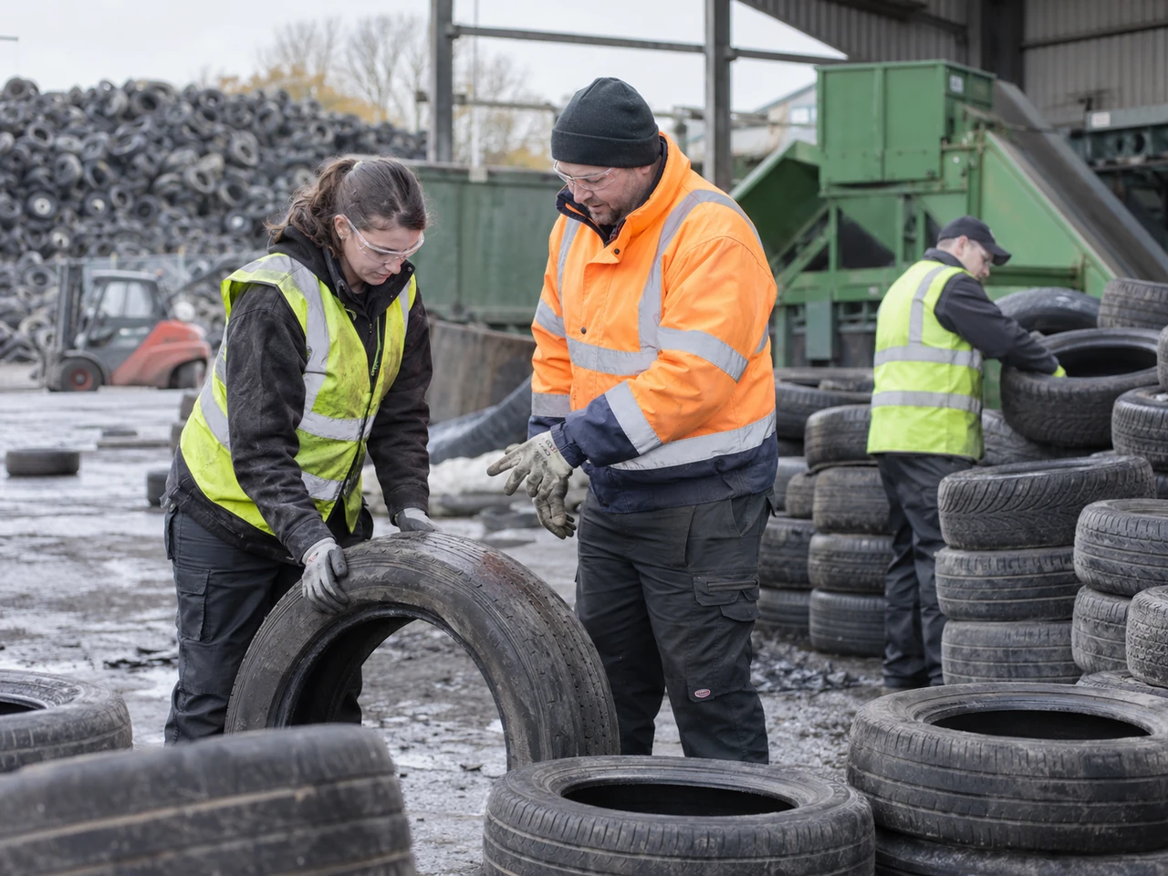 AI-generated illustration of an instructor and learner examining a tyre in a recycling workplace. Not actual CSF or HMP Five Wells participants or activity.