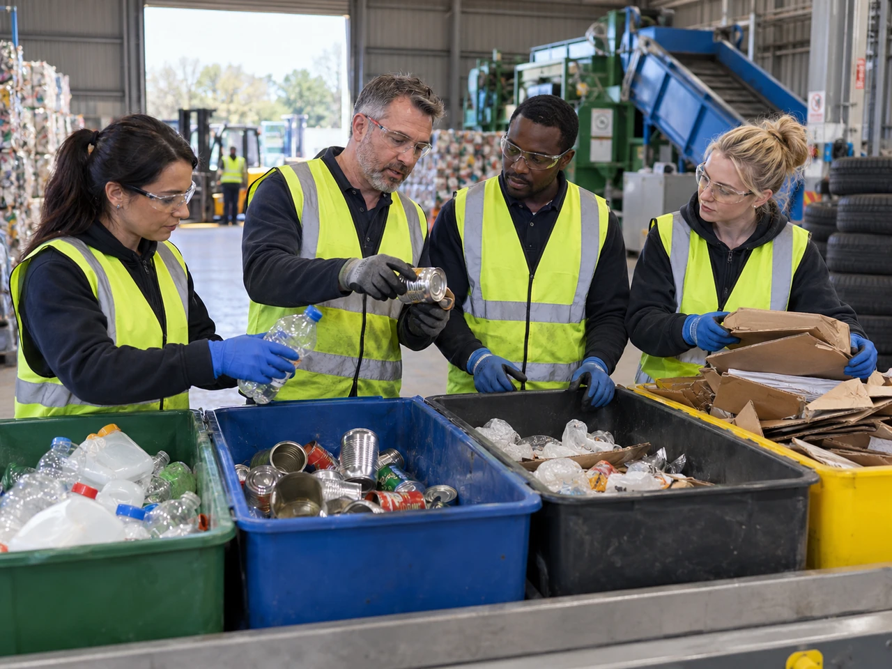 AI-generated illustration of people learning to separate plastic, metal, glass and cardboard. Not actual CSF or HMP Five Wells participants or activity.