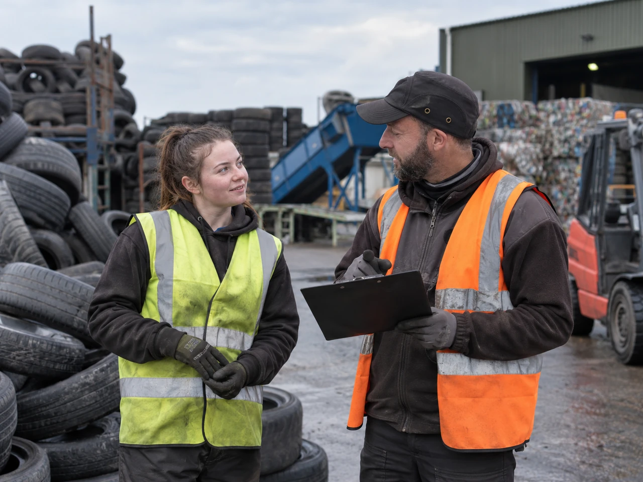 AI-generated illustration of workplace instruction with a clipboard in a tyre-recycling yard. Not actual CSF or HMP Five Wells participants or activity.